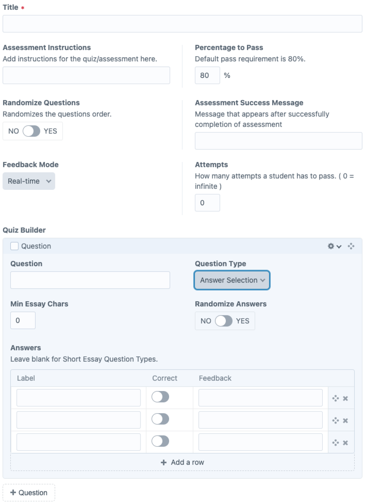 Admin UI of Assessment Builder