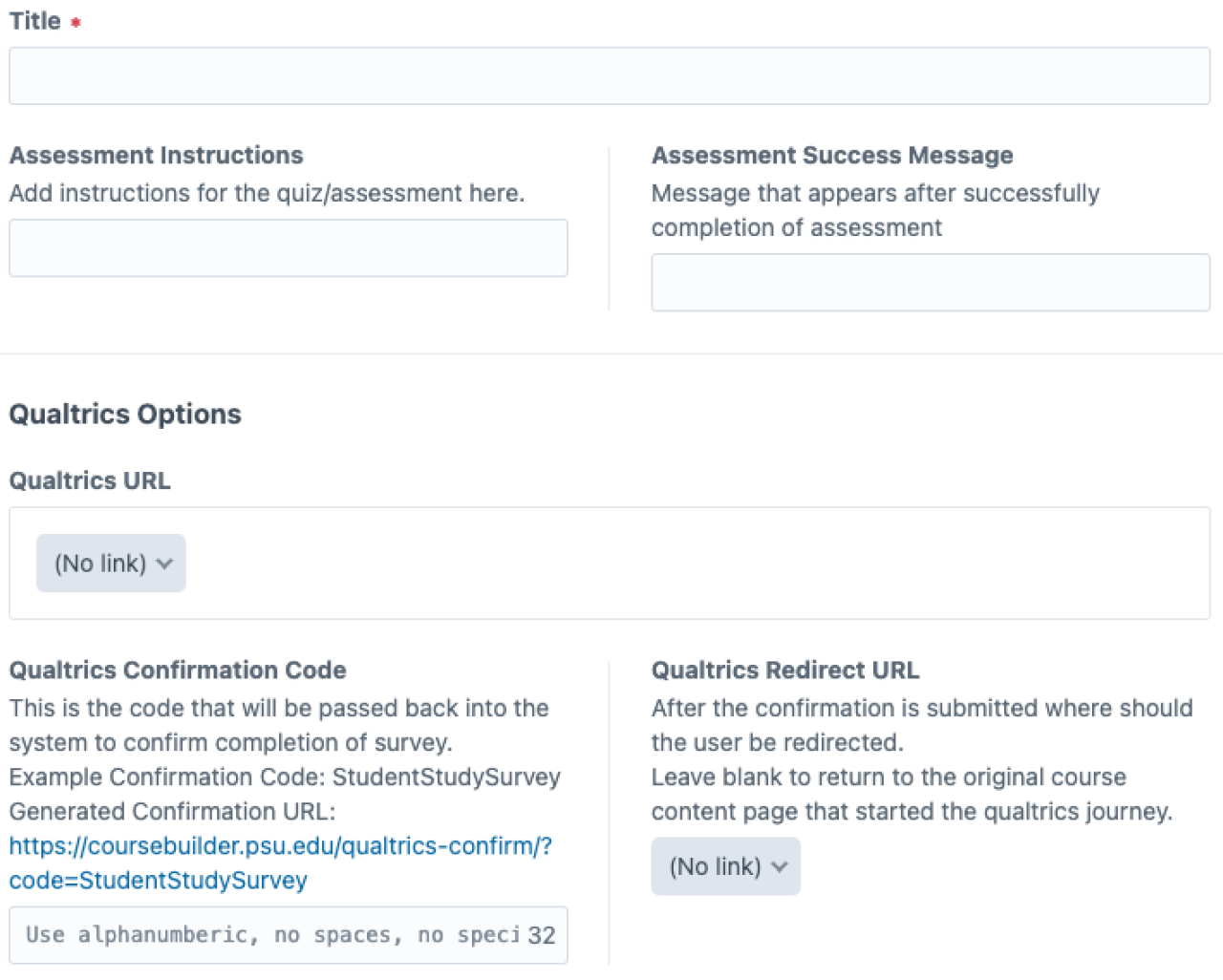 Admin UI Qualtrics type in Assessment Builder