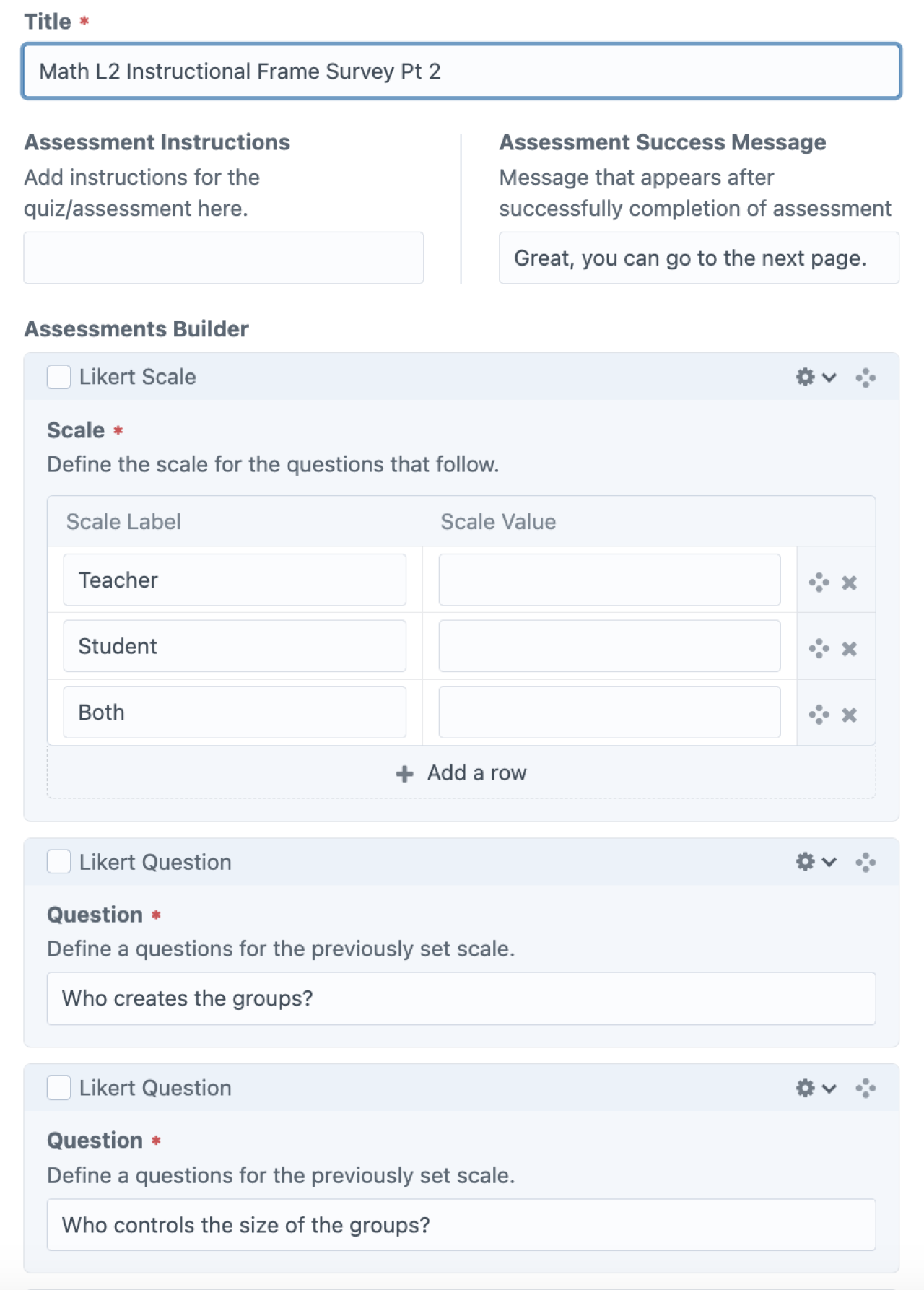 Admin UI of Matrix Question type with Scale and Questions.