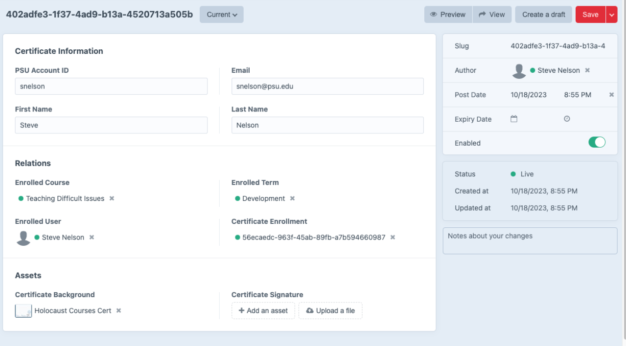 Detailed view of a certificate gives details about the course and the term.