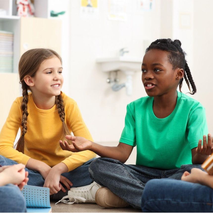 Children in brightly colored clothing.