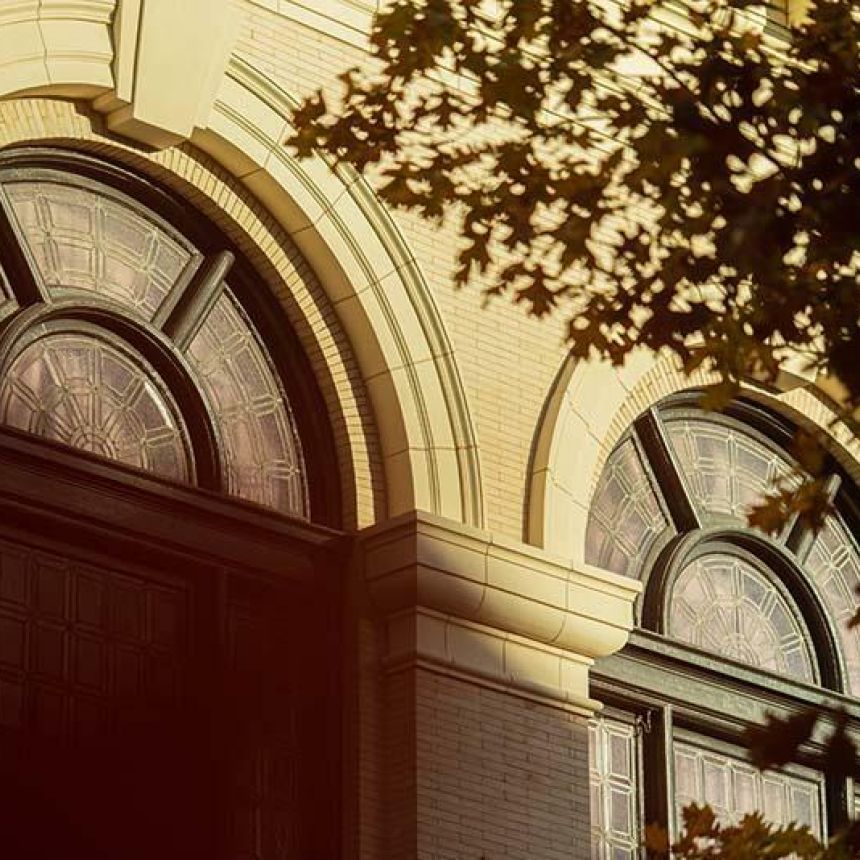 two arched windows with tree branch in foreground
