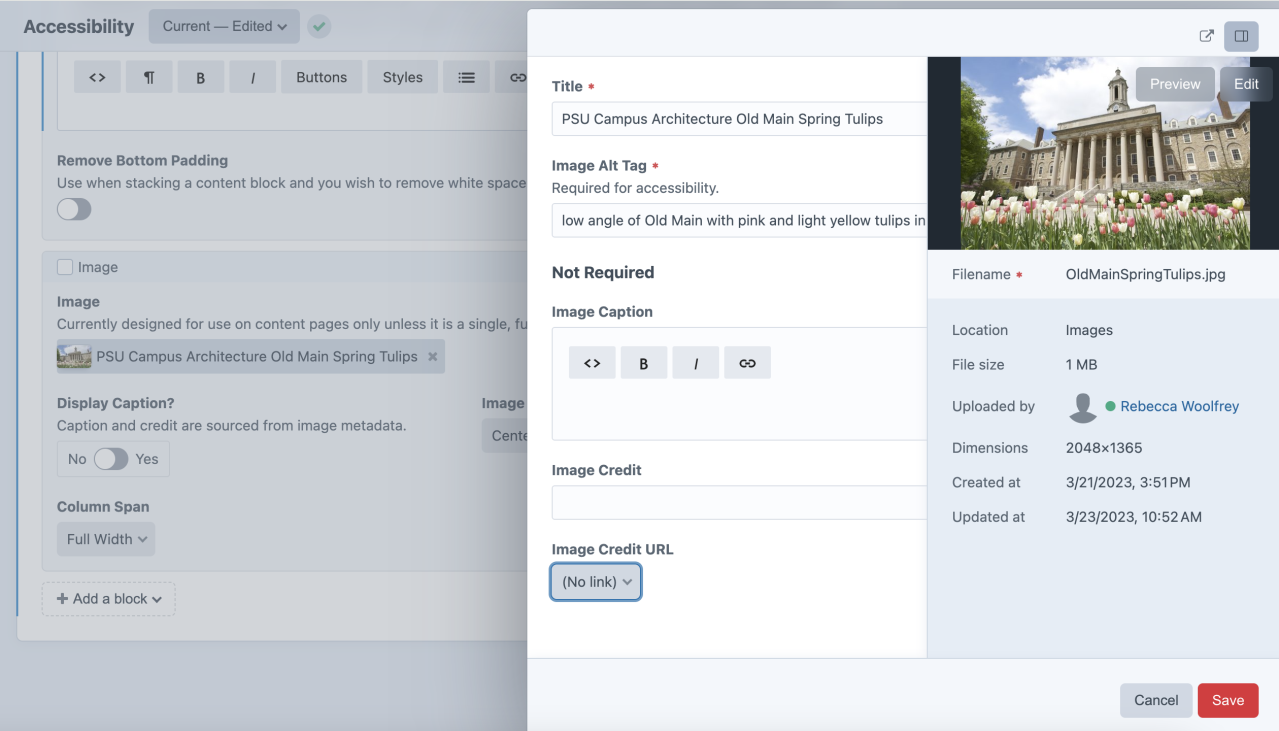 Screenshot of Craft Builder entry editor with an image panel open, displaying a field for alt text.