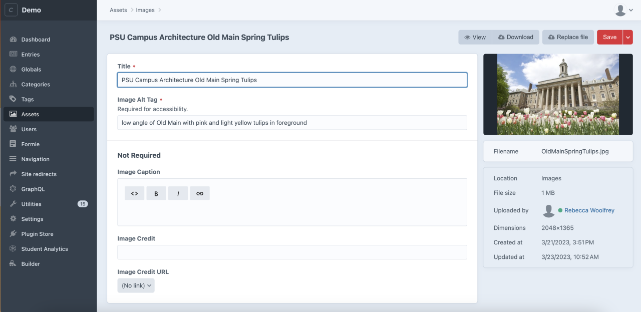 Screenshot of Old Main image open in the Assets section of Craft Builder, with title, alt tag, caption, and credit fields are visible.