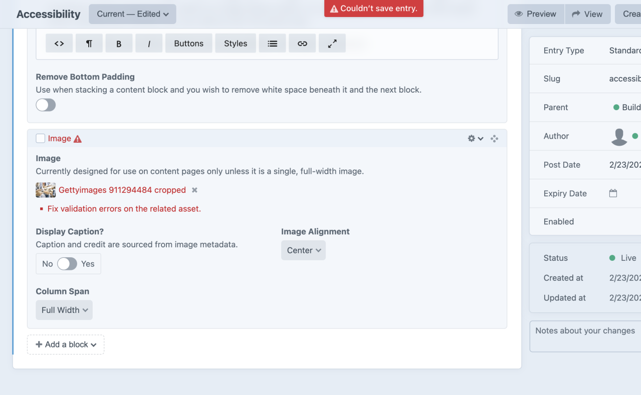 Screenshot of Craft Builder page editor with red error text. Top text reads "Couldn't save entry." Text in the body is the color red in an image block and says, "Fix validation errors on the related asset."