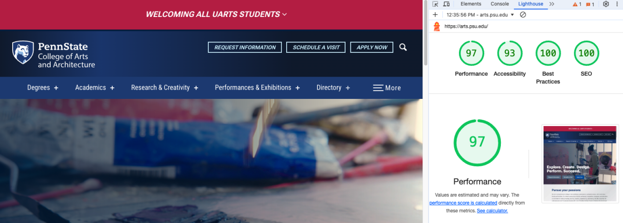 Home page of Arts & Architecture website with Lighthouse scores reading: 97 performance; 93 accessibility; 100 best practices; 100 SEO.