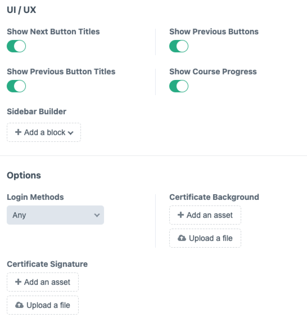 More options in the Course settings panel.