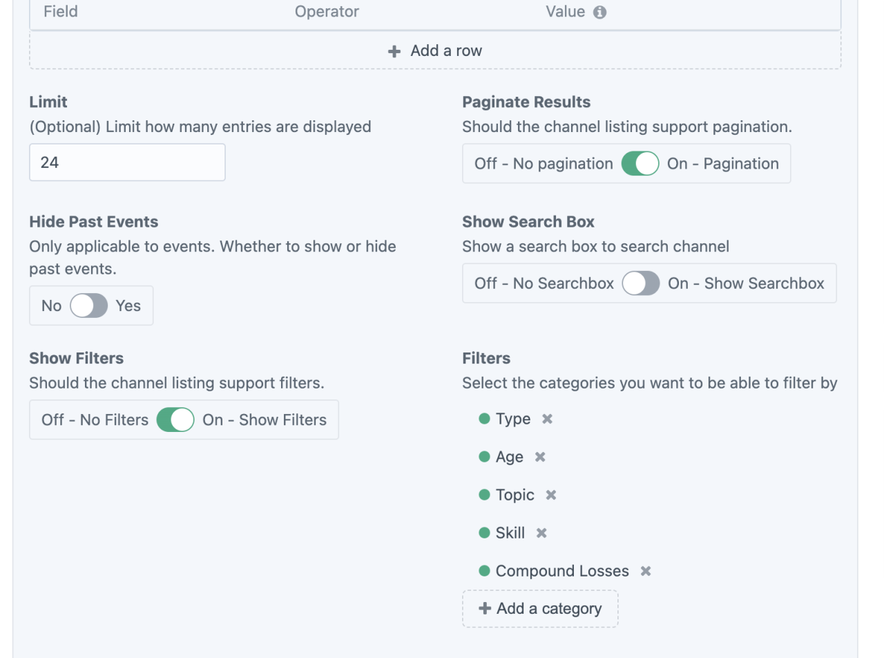 Admin UI for Channel Listing shows multiple categories selected as filter options.