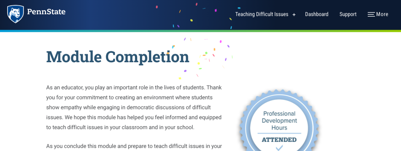 Module completion page with confetti animation
