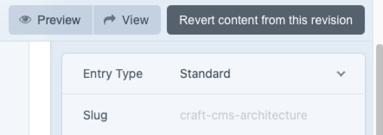 Focus on "Revert content from this revision" button near the preview and view options.