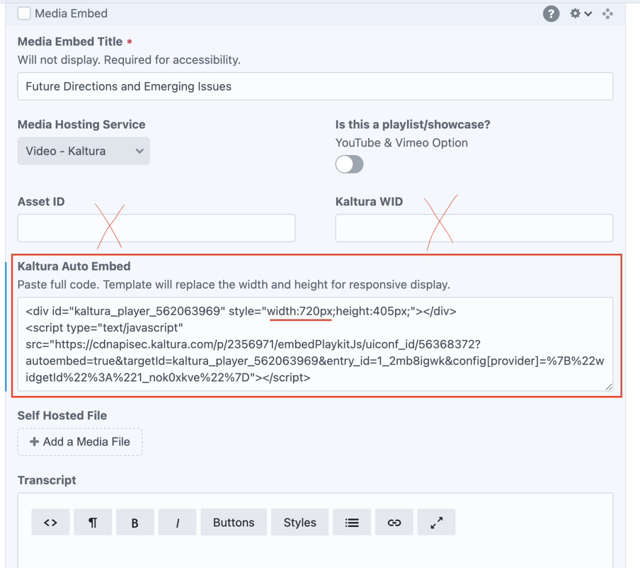 Admin UI Media Embed with Kaltura Embed Code