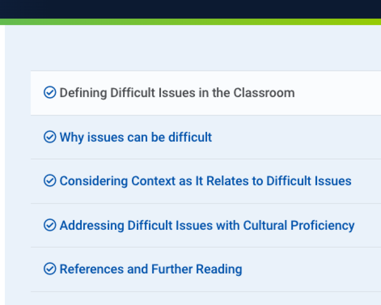 A simple side bar in Courses shows only top level pages