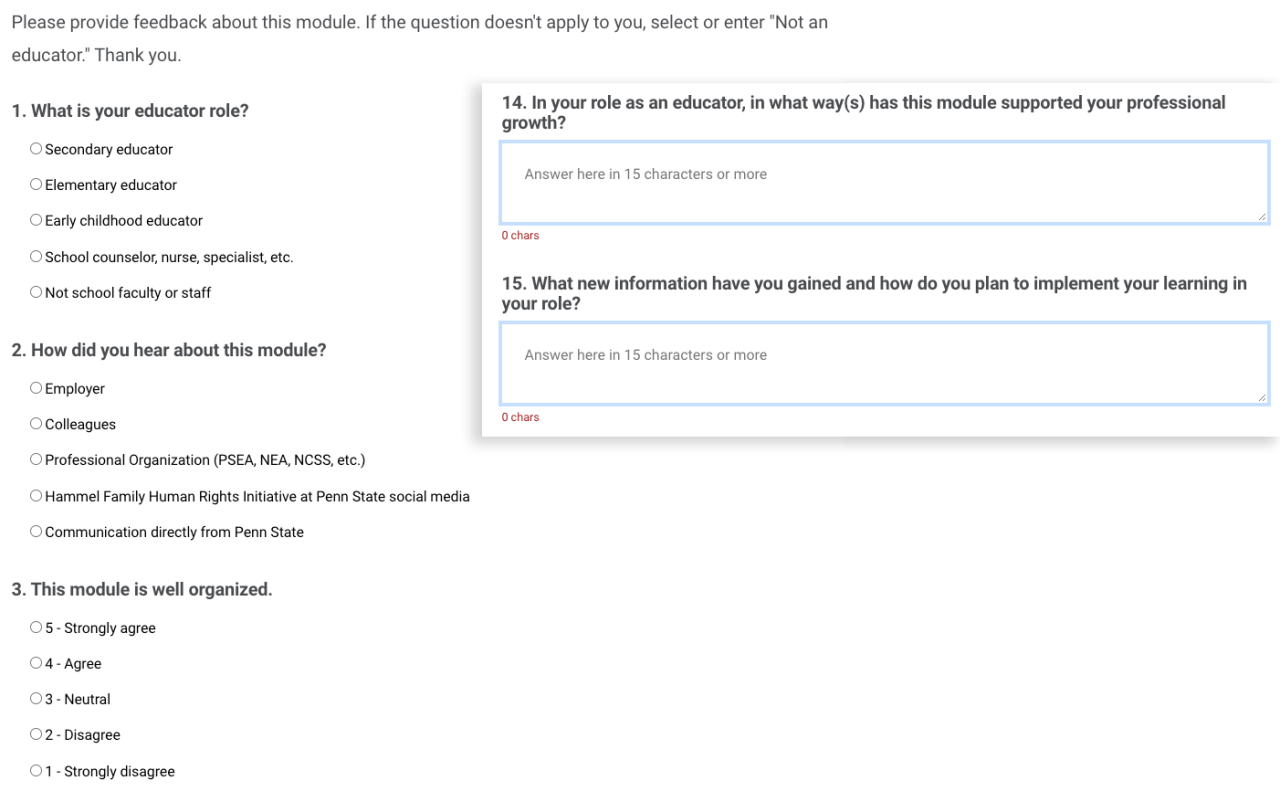 Segments of a survey about the user and their experience with the course.