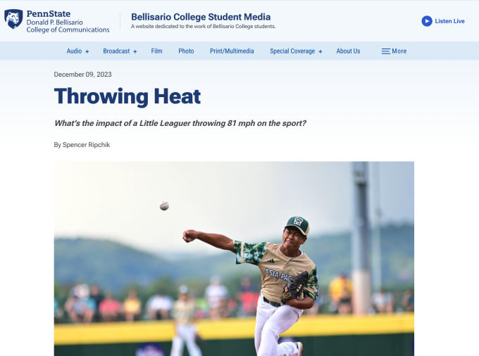 Webpage on the Bellisario College Student Media webpage with headline and image.