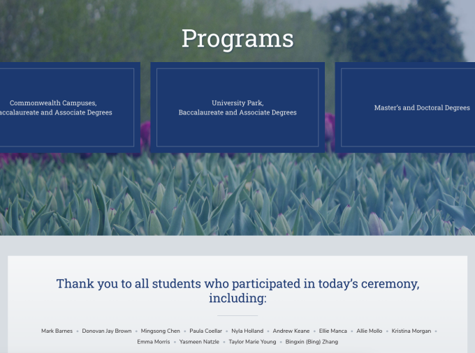 Screenshot of Programs and thank you from Virtual Commencement website.